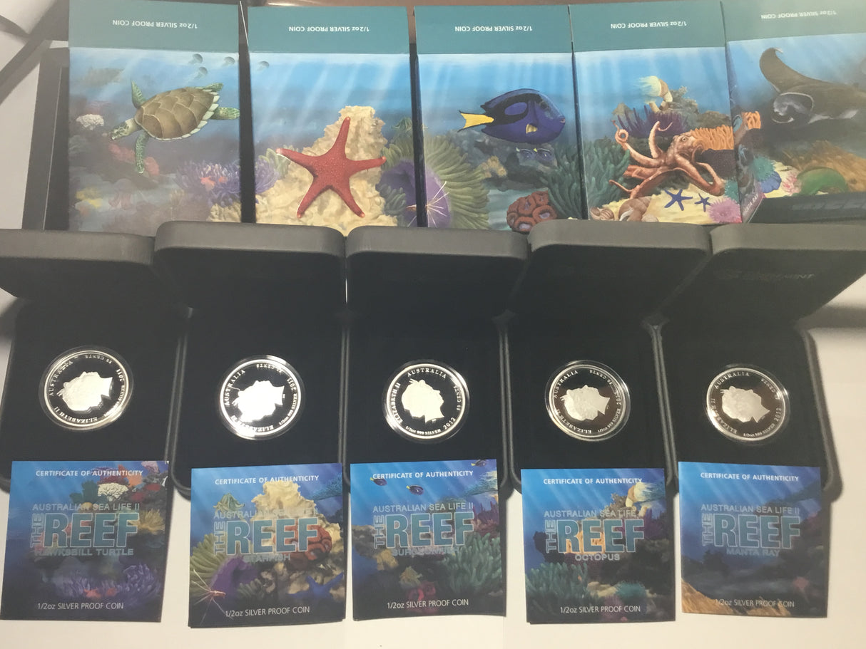 2011/2012 The Reef. Australian Sea Life II. 5 Coin Silver Set. Hawksbill Turtle, Starfish, Octopus, Manta Ray, Surgeonfish.
