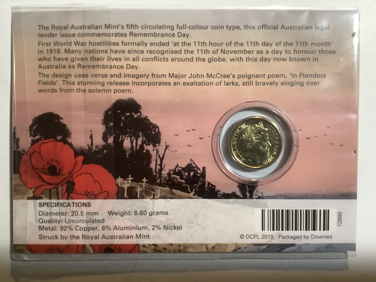 2015 $2 Remembrance Day Flanders Field Cared Uncirculated Coin Released by Downies.