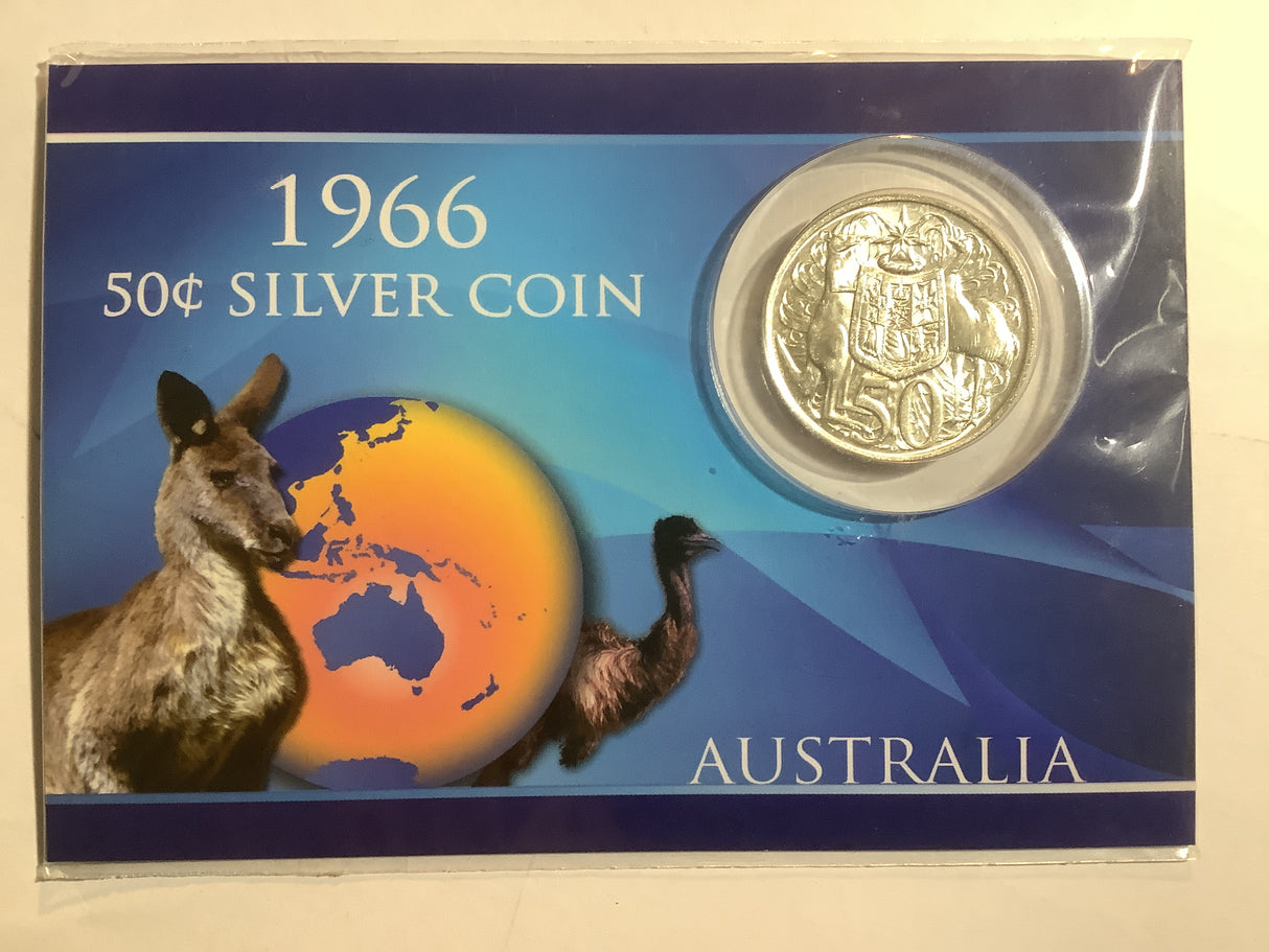 1966 50c Silver Uncirculated Carded Coin. Released by Downies.