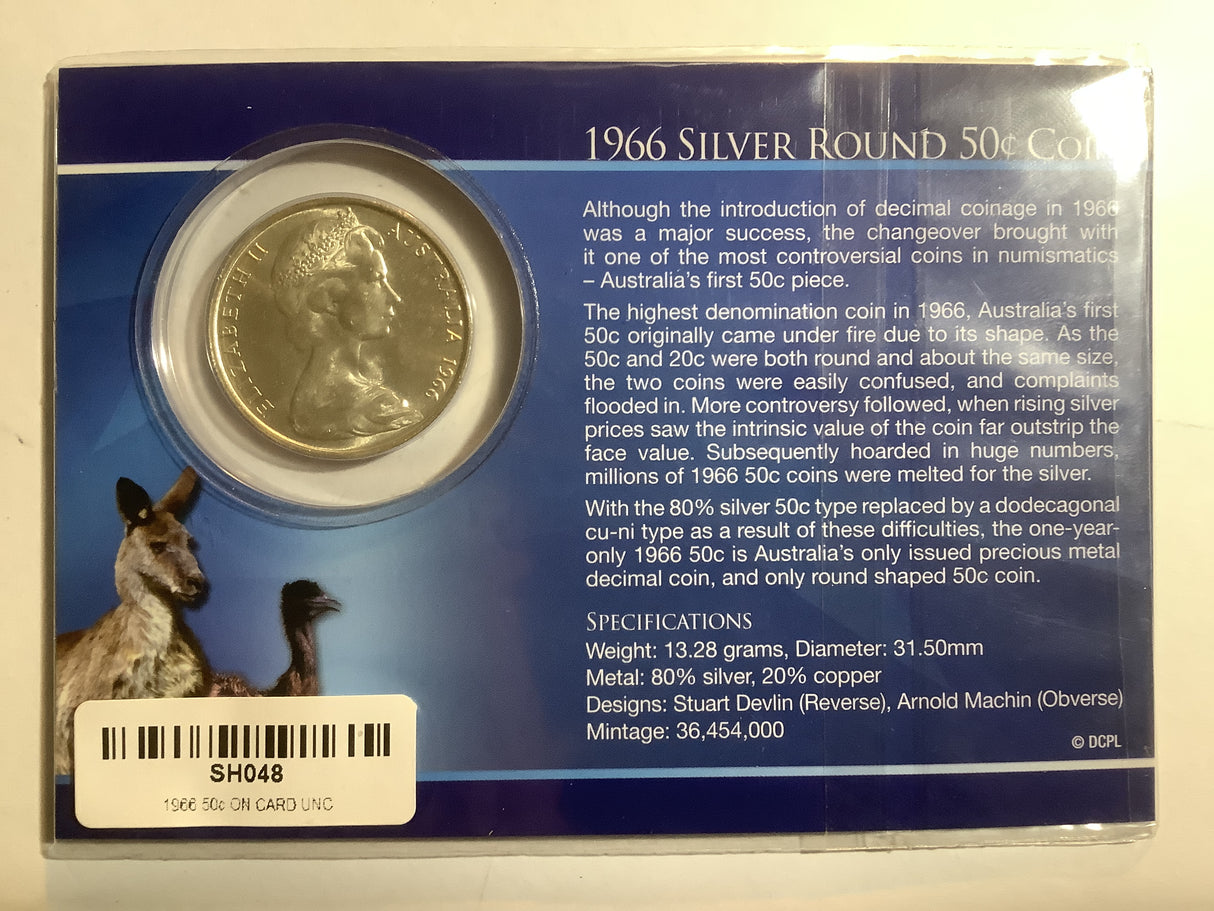 1966 50c Silver Uncirculated Carded Coin. Released by Downies.