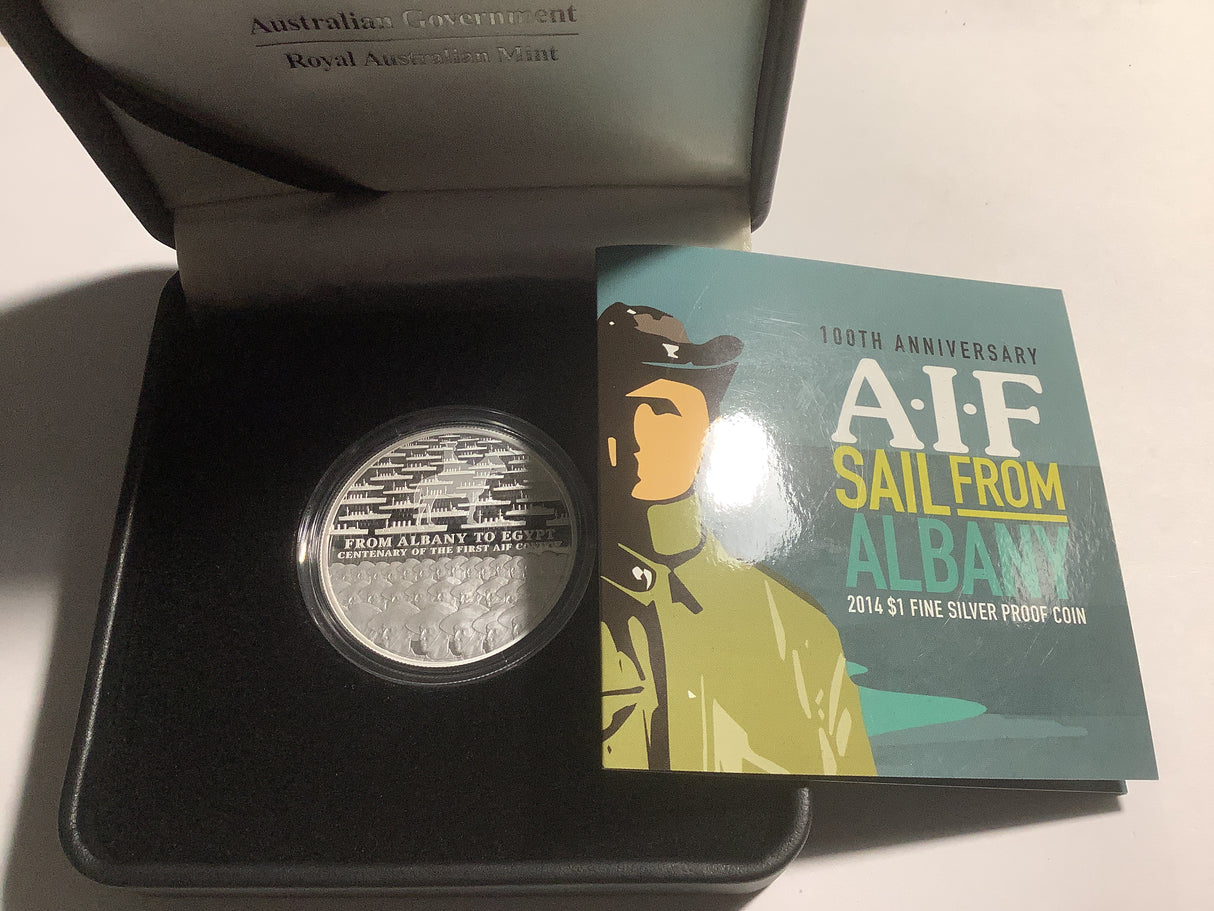 2014 $1 Fine Silver Proof Coin. 100th Anniversary A.I.F. Sail From Albany.