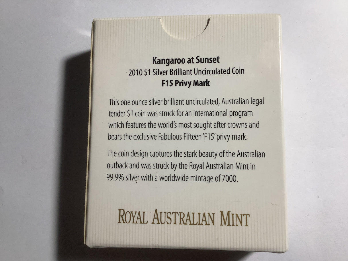 2010 $1 Silver Brilliant Uncirculated Coin. Kangaroo At Sunset. F15 Privy Mark.
