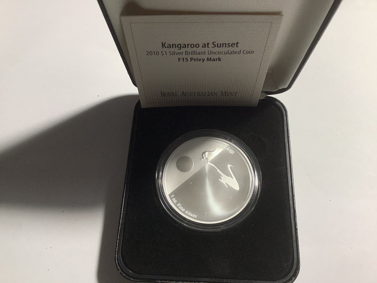 2010 $1 Silver Brilliant Uncirculated Coin. Kangaroo At Sunset. F15 Privy Mark.