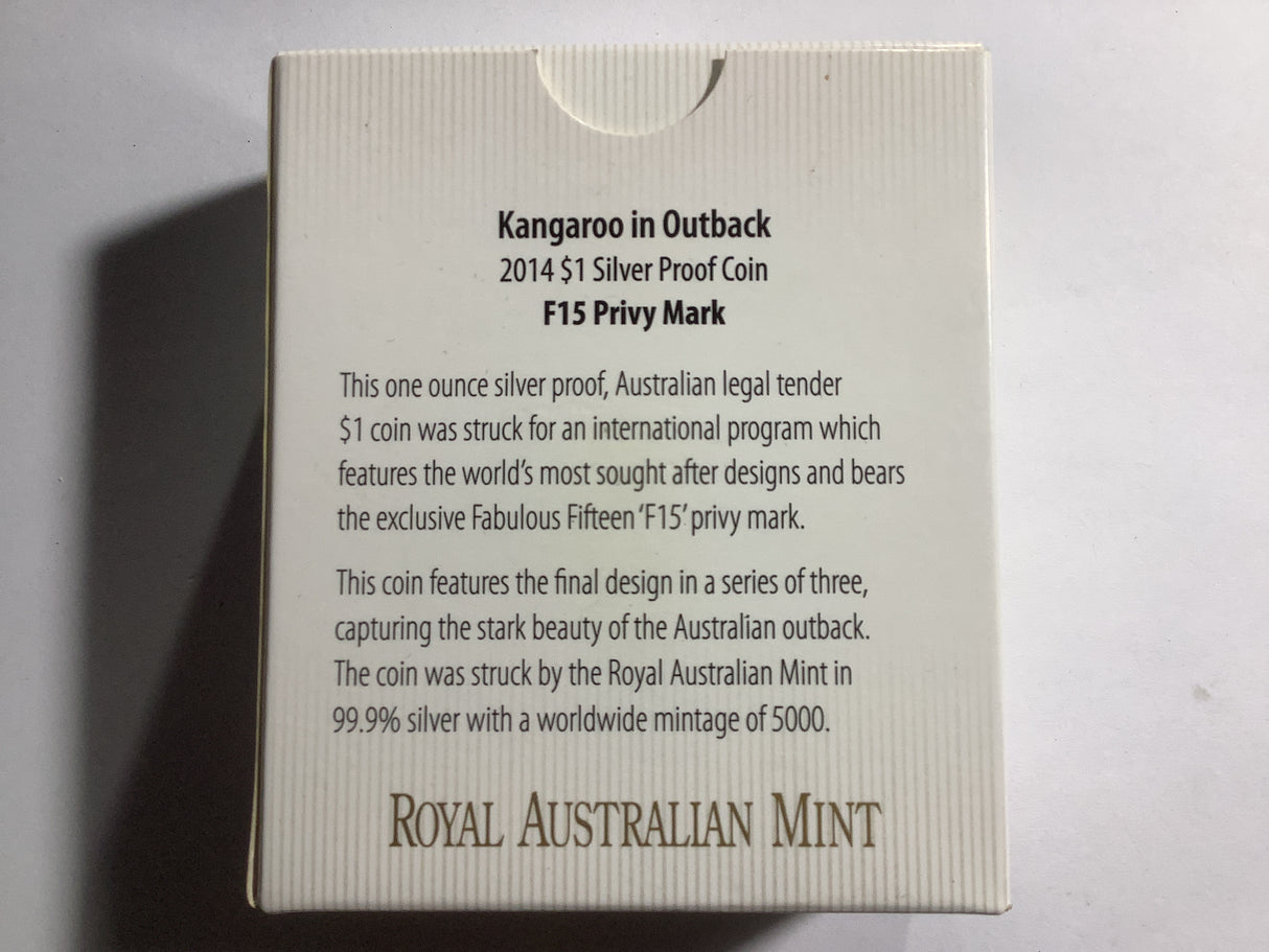 2014 $1 Silver Proof Coin. Kangaroo in Outback. F15 Privy Mark.