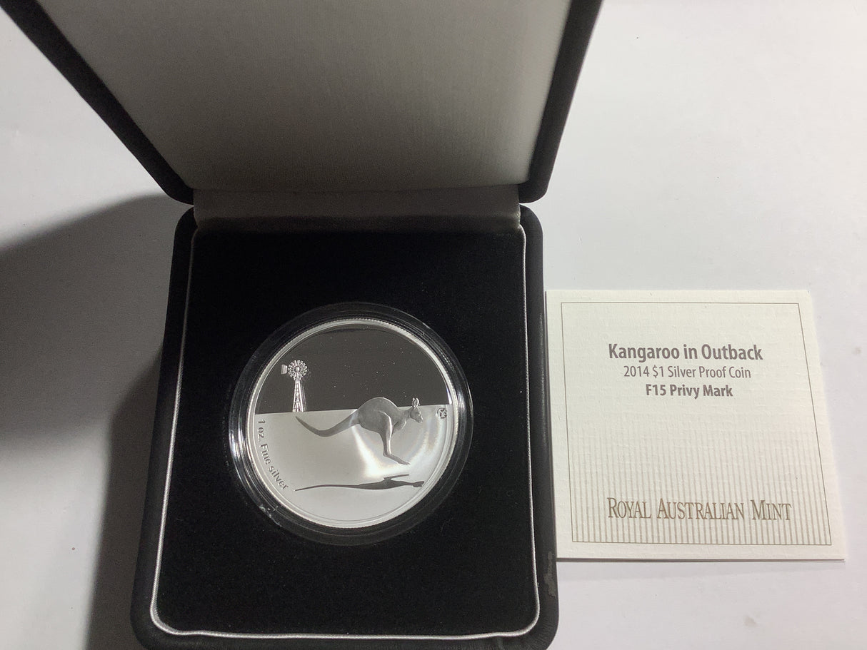 2014 $1 Silver Proof Coin. Kangaroo in Outback. F15 Privy Mark.