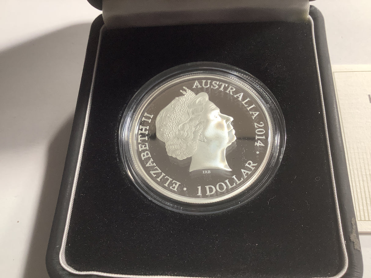 2014 $1 Silver Proof Coin. Kangaroo in Outback. F15 Privy Mark.