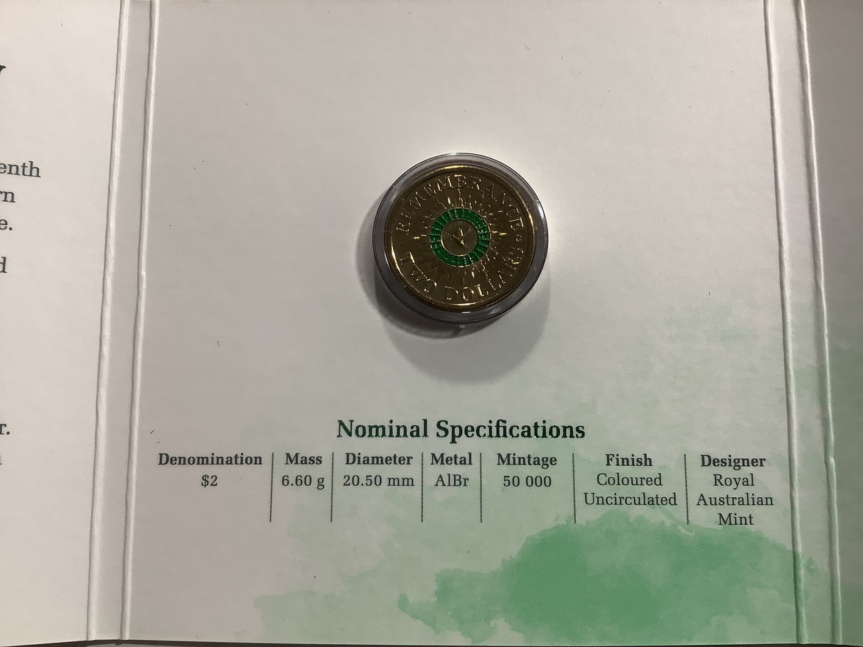 2014 $2 Remembrance Day ‘C’ Mintmark Green Dove Coin.