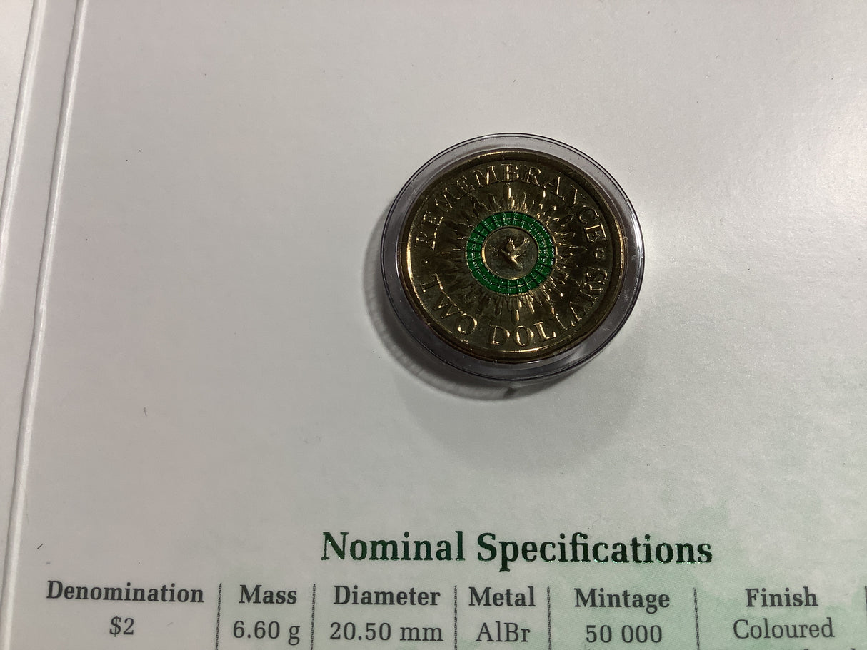 2014 $2 Remembrance Day ‘C’ Mintmark Green Dove Coin.