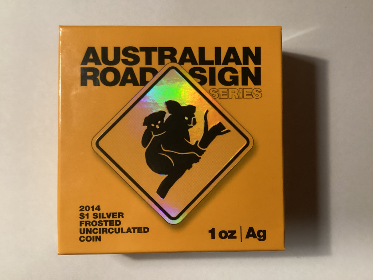 2014 $1 Silver Frosted Uncirculated Coin. Road Sign Series. Koala.