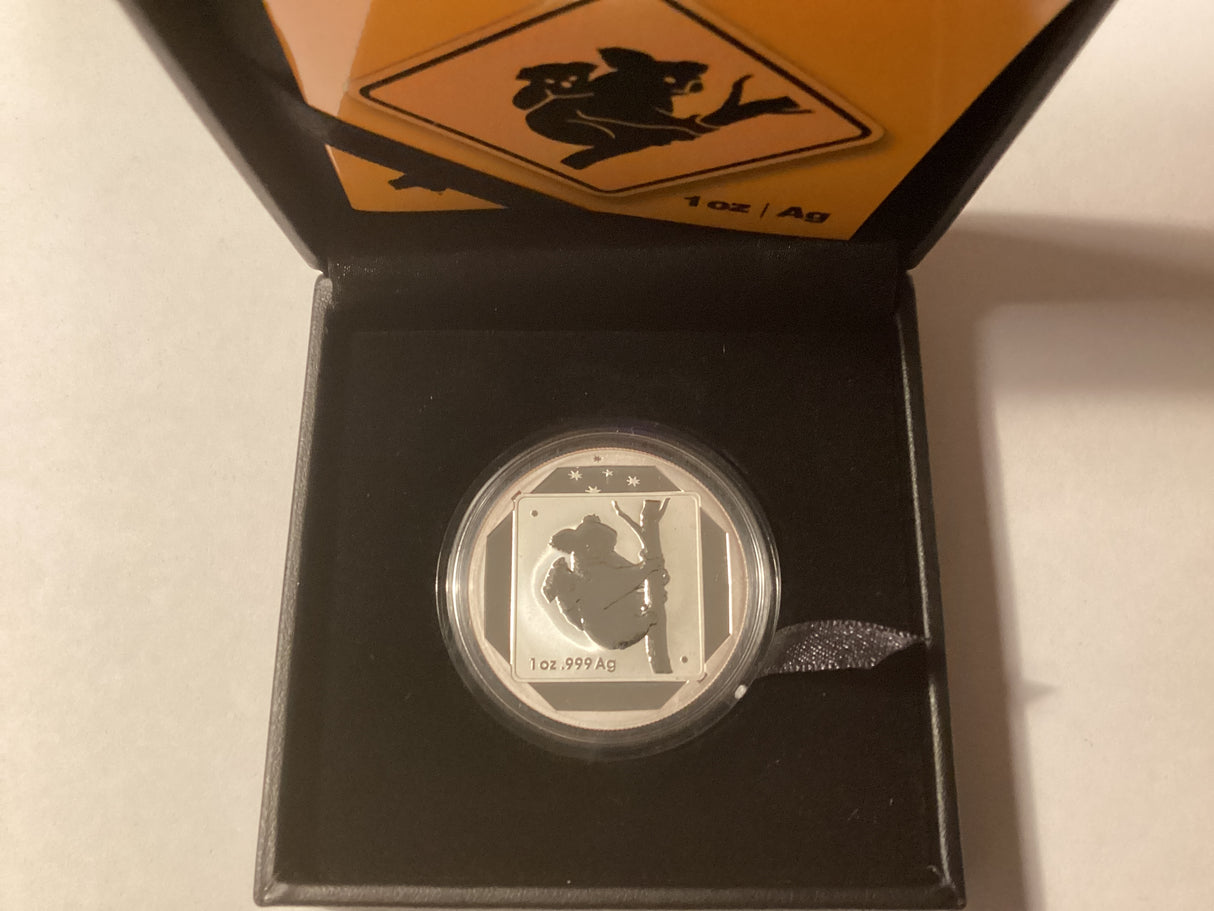 2014 $1 Silver Frosted Uncirculated Coin. Road Sign Series. Koala.