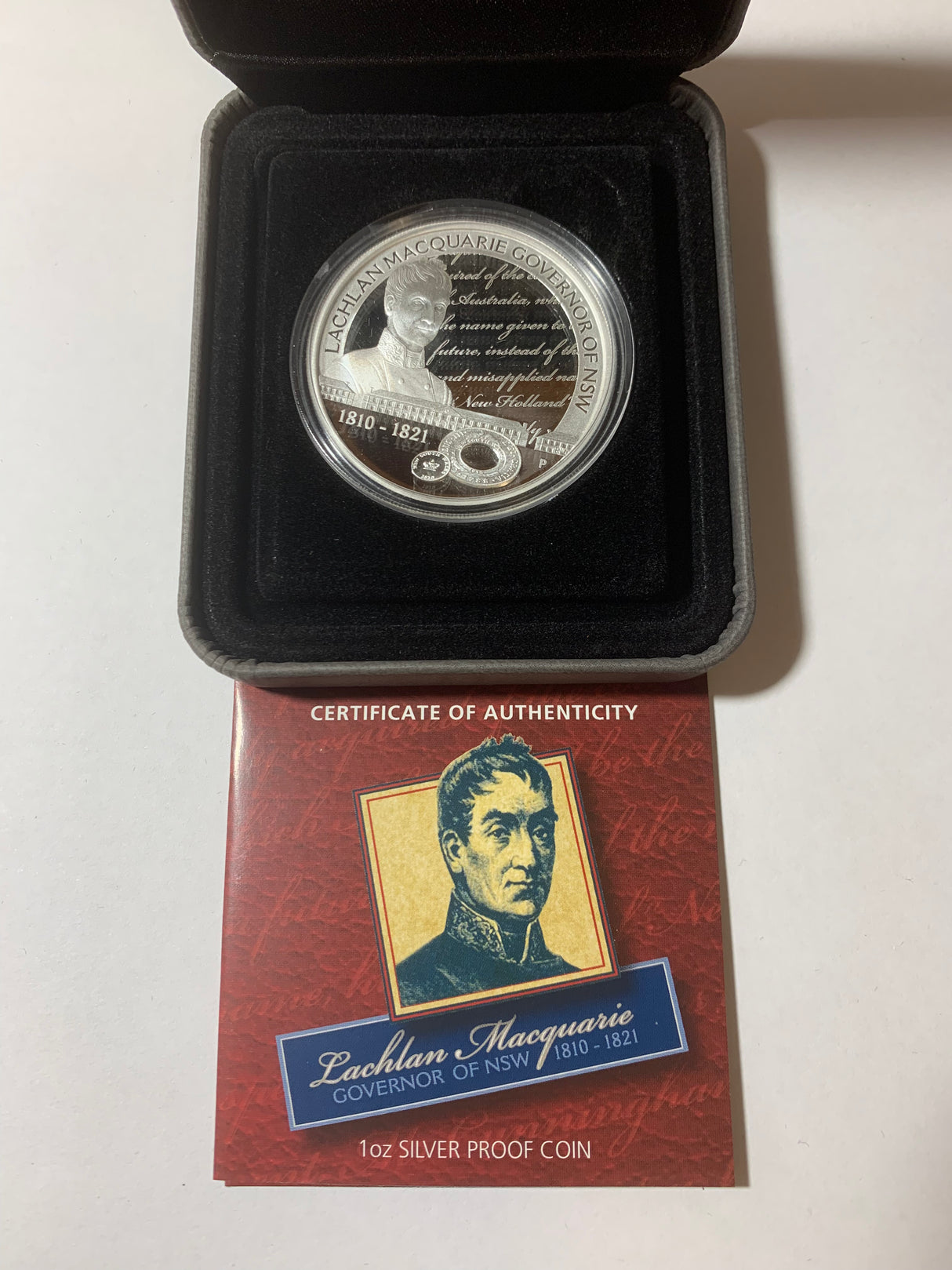 2010 $1 1oz Silver Proof Coin. Lachlan Macquarie. Governor of NSW 1810-1821.