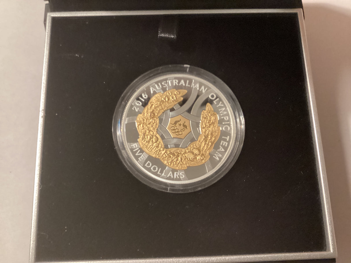 2016 $5 Fine Silver Selectively Gold Plated Coin. Australian Olympic Team.
