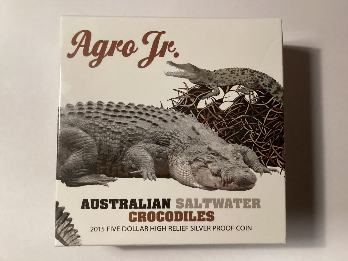 2015 $5 High Relief Silver Proof Coin. Australian Saltwater Crocodiles. Agro Jr.
