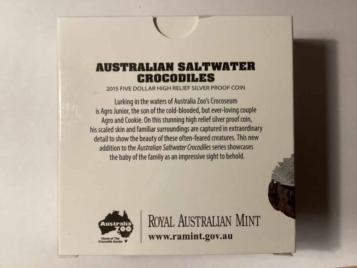 2015 $5 High Relief Silver Proof Coin. Australian Saltwater Crocodiles. Agro Jr.