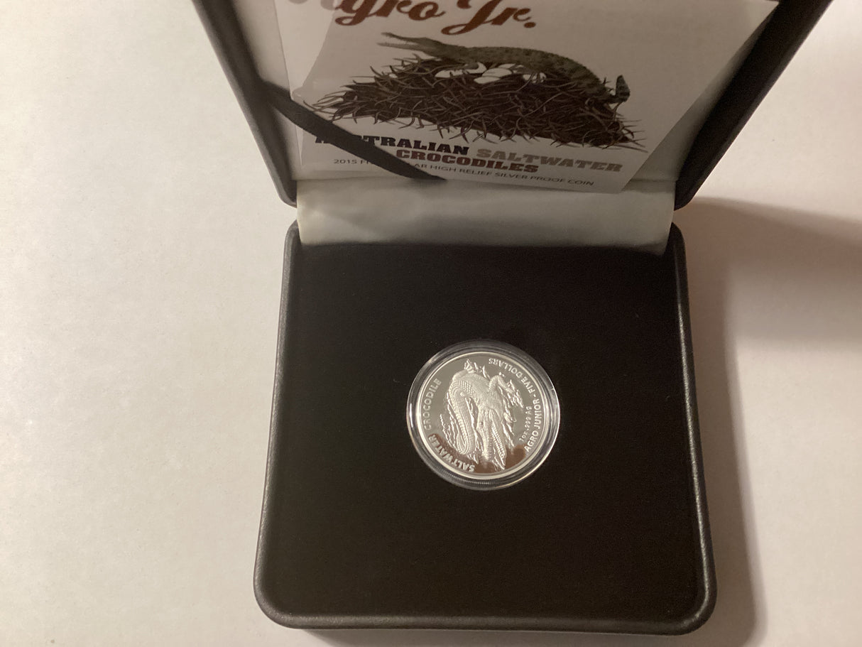 2015 $5 High Relief Silver Proof Coin. Australian Saltwater Crocodiles. Agro Jr.