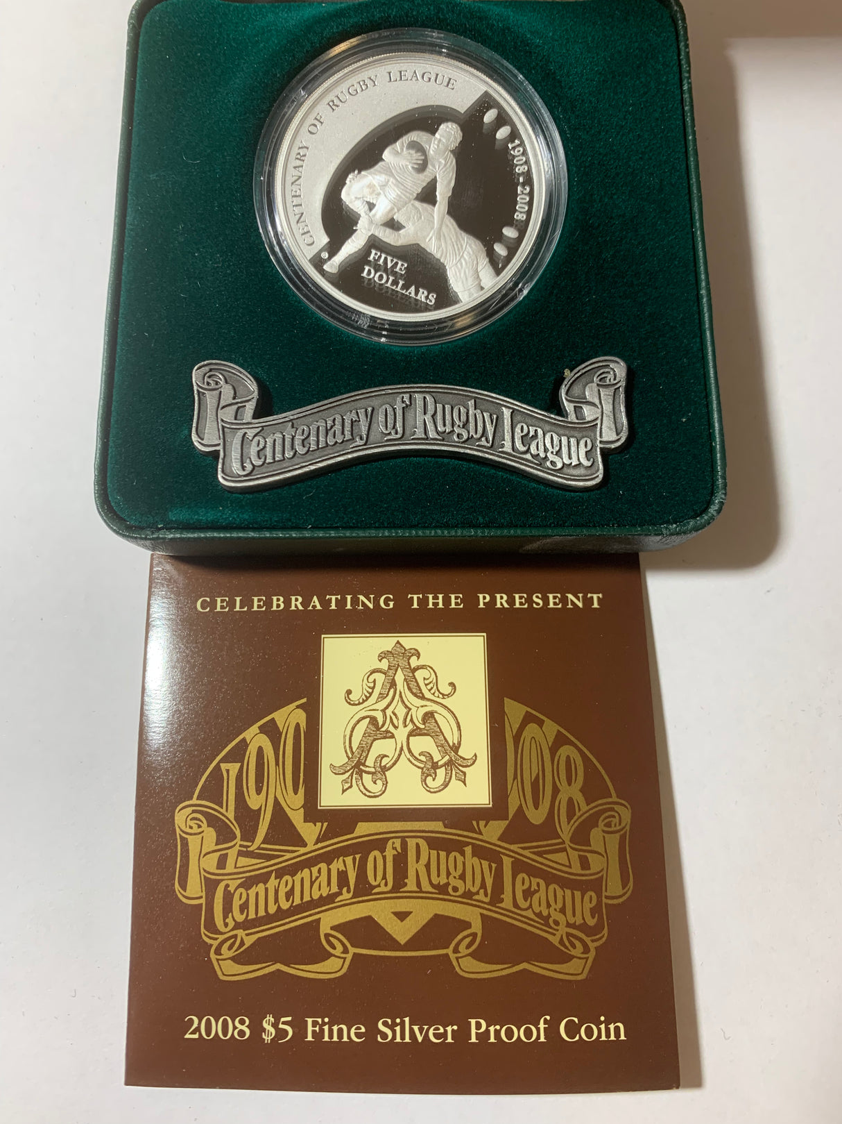 2008 $5 1oz Silver Proof Coin. Centenary of Rugby League.