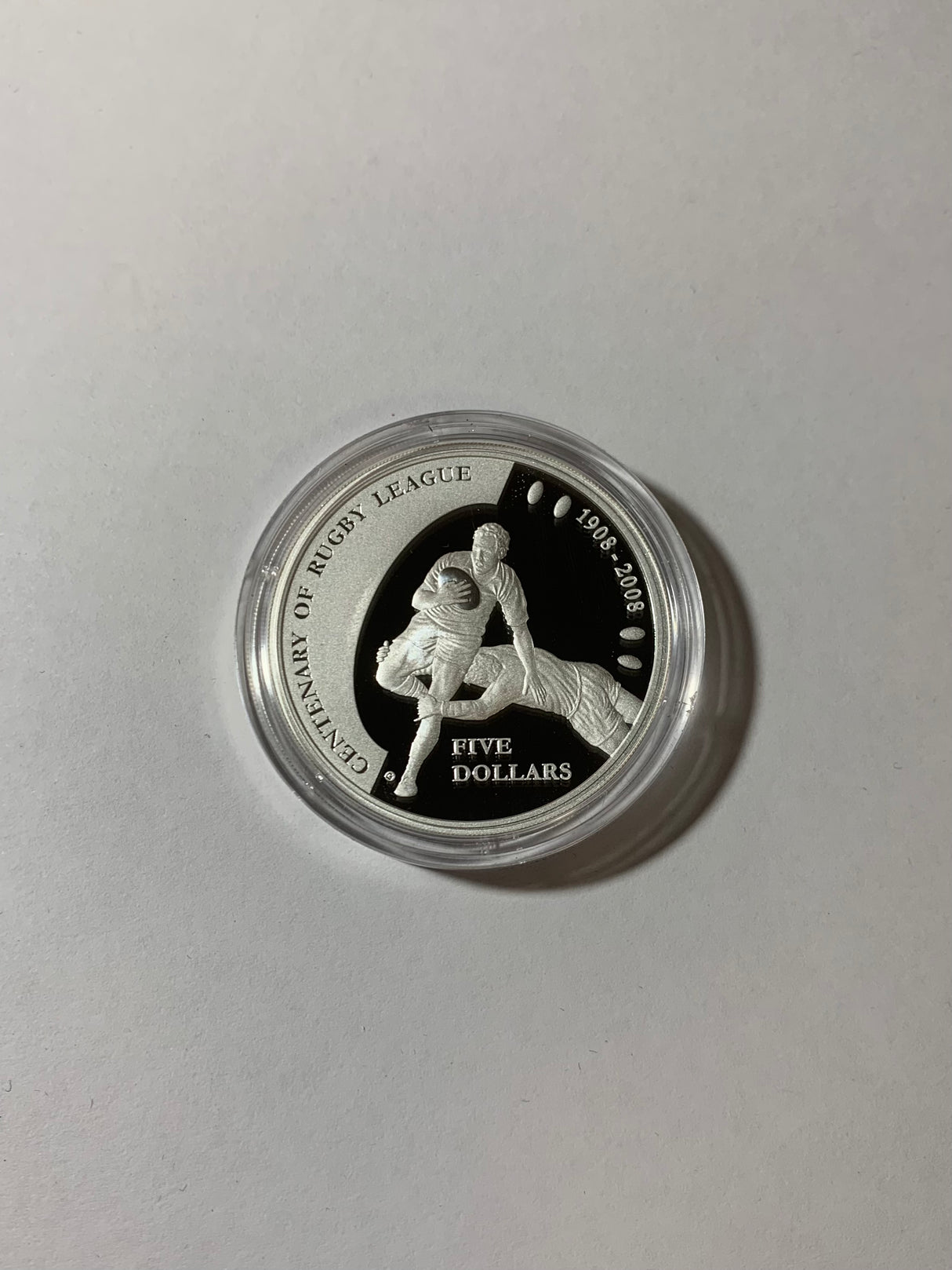 2008 $5 1oz Silver Proof Coin. Centenary of Rugby League.