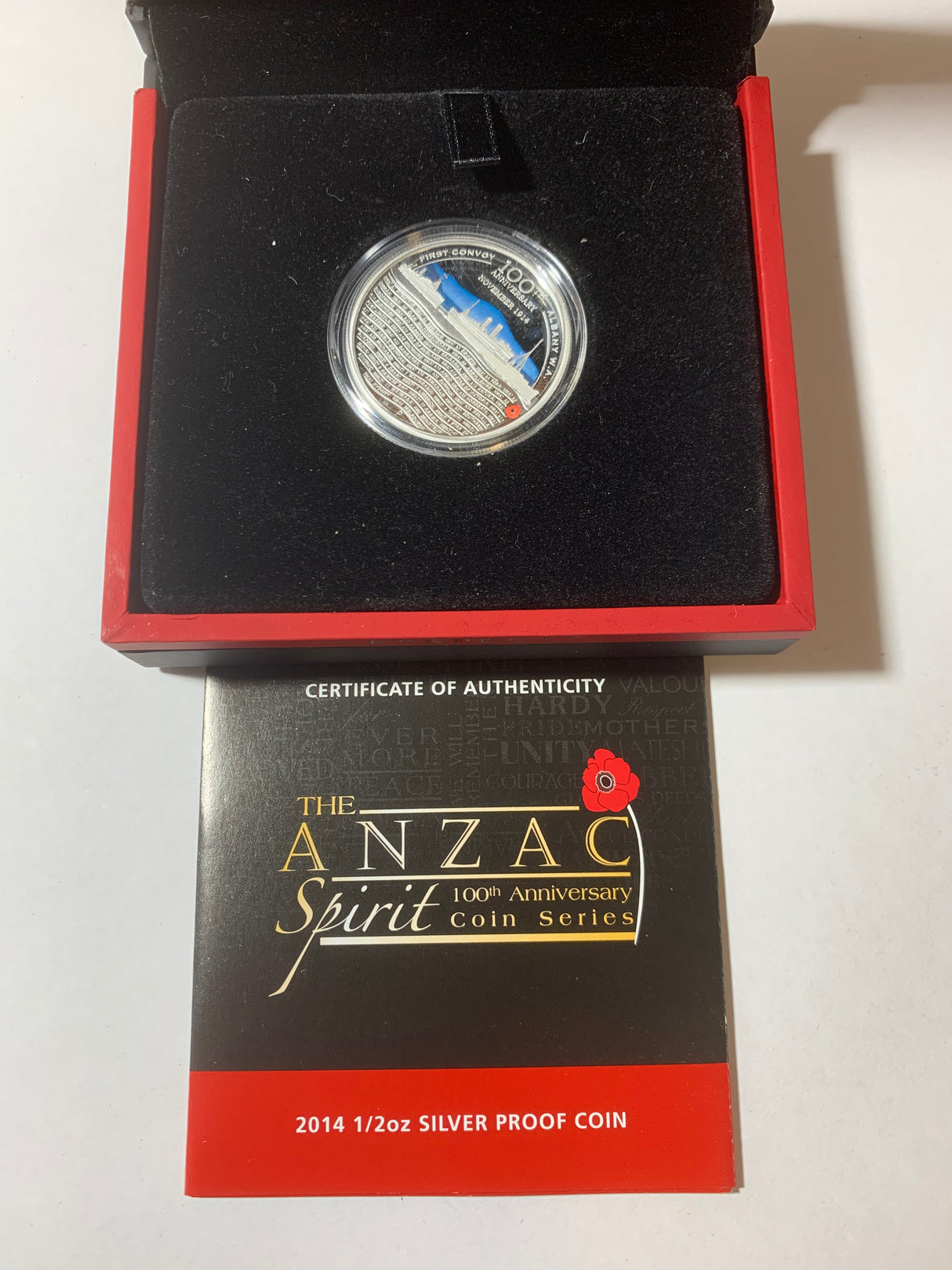 2014 50c 1/2oz Silver Proof Coloured Coin. The Anzac Spirit Coin Series. First Convoy. Albany W.A.