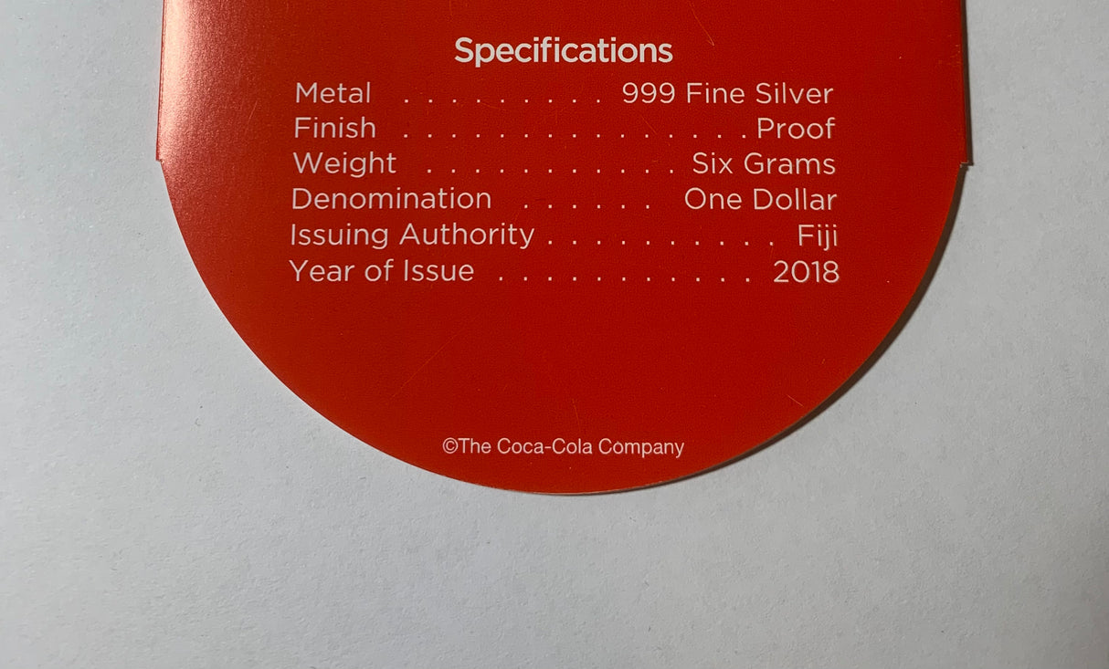 2018 $1 Fiji Silver Coin. Coca-Cola Silver Bottle Cap Coin.