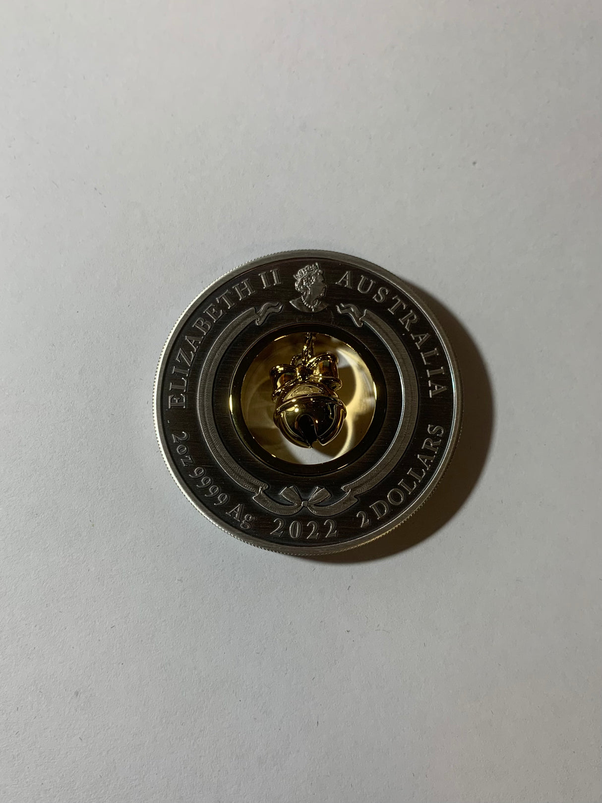 2022 $2 2oz Silver Antiqued Coloured Coin. Jingle Bell.