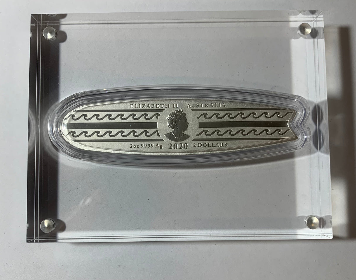 2020 $2 2oz Silver Proof Coin. Surfboard.