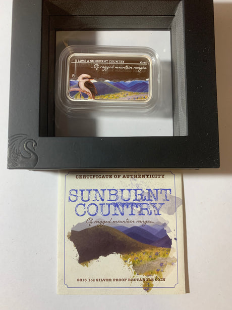 2015 $1 1oz Silver Proof Rectangular Coin. Sunburnt Country Series. Of Ragged Mountain Ranges.