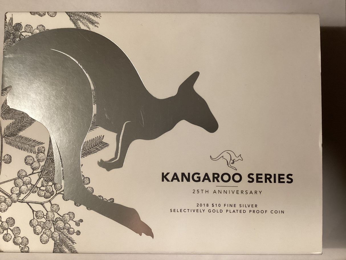 2018 $10 Fine Silver Selectively Gold Plated Proof Coin. Kangaroo Series. 25th Anniversary.