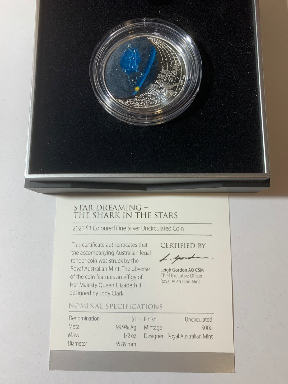 2021 $1 1/2oz Silver Coloured Uncirculated Coin. Star Dreaming Series. The Shark in the Stars.