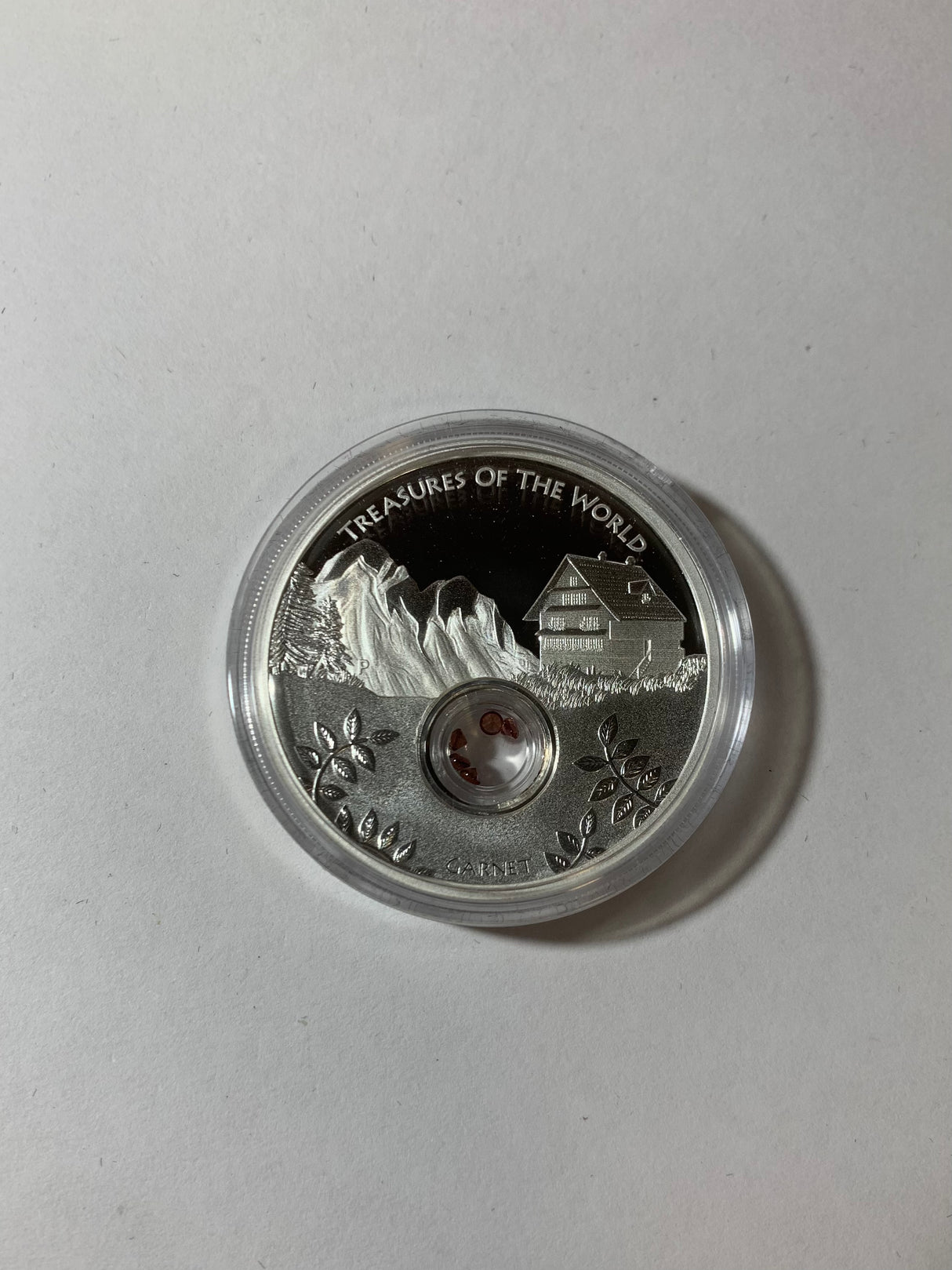 2013 $1 1oz Silver Proof Locket Coin. Treasures of the World. Europe. Garnet.
