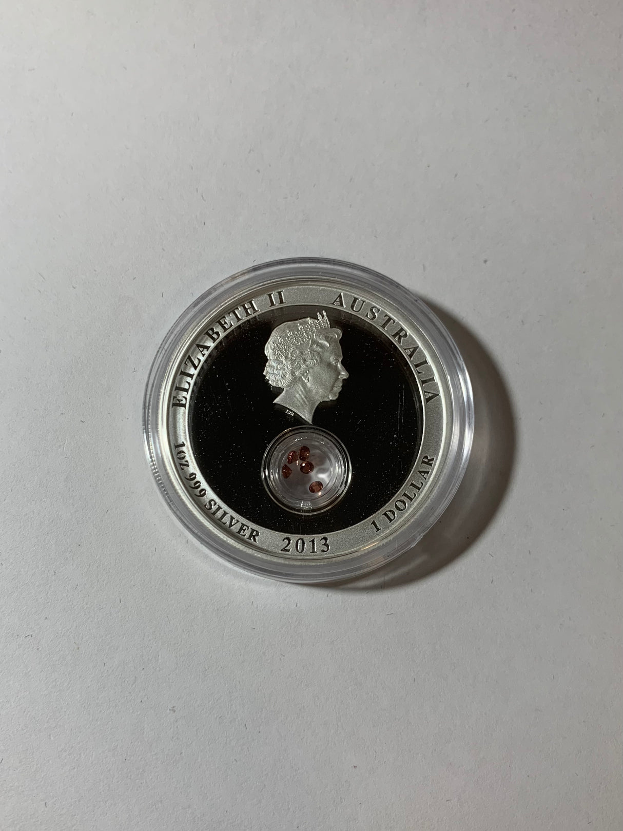 2013 $1 1oz Silver Proof Locket Coin. Treasures of the World. Europe. Garnet.