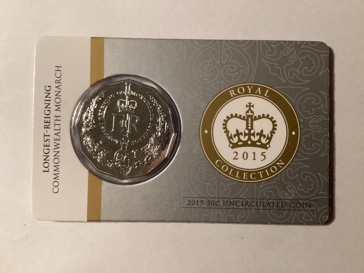 2015 50c Uncirculated Carded Coin. Longest-Reigning Commonwealth Monarch.