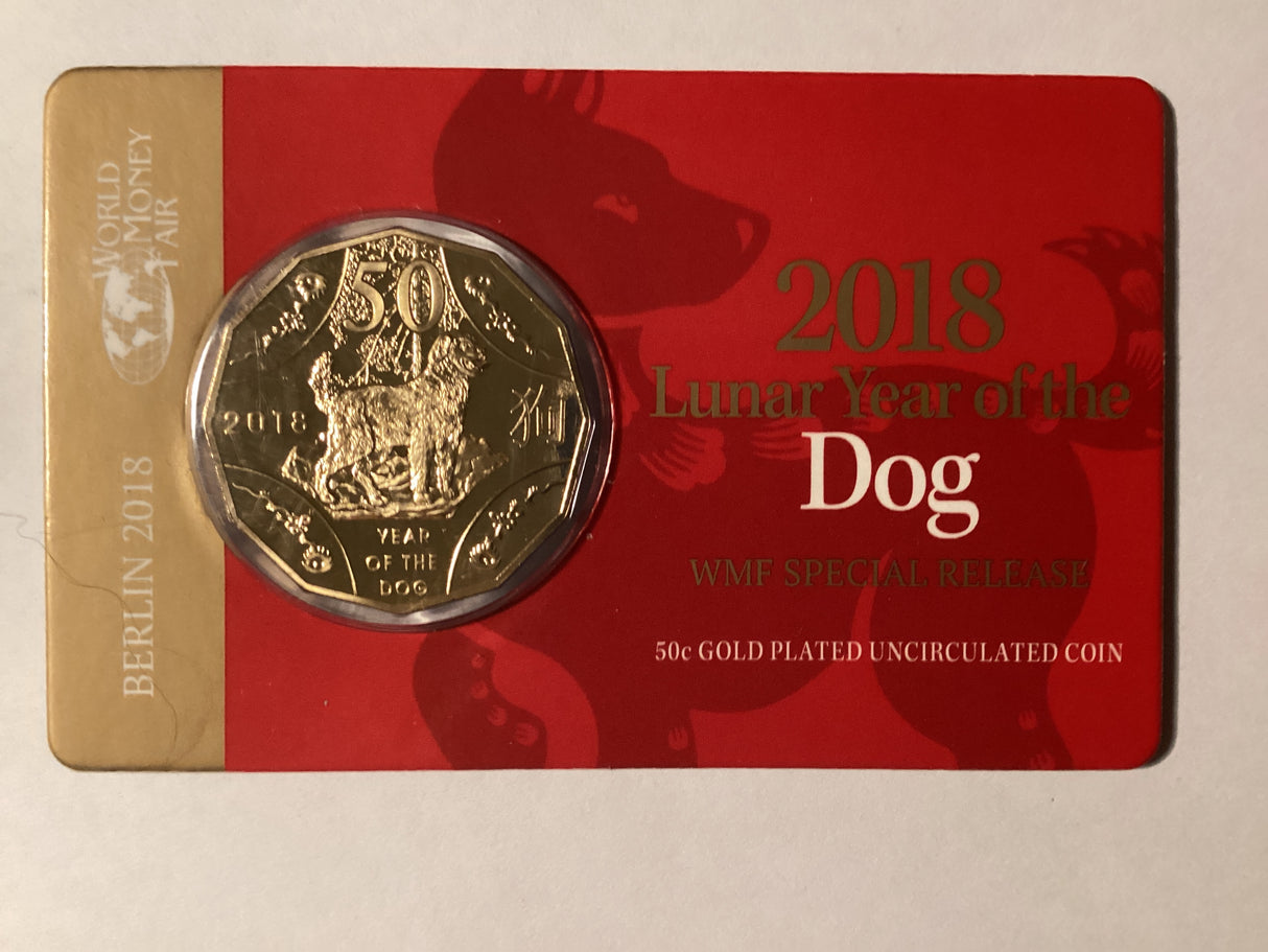 2018 50c Gold Plated Uncirculated Coin. Year of the Dog. World Money Fair Special Release.