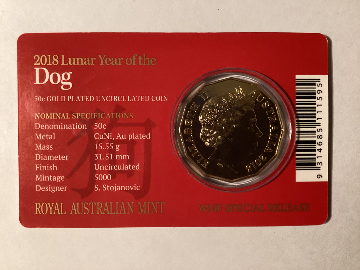 2018 50c Gold Plated Uncirculated Coin. Year of the Dog. World Money Fair Special Release.