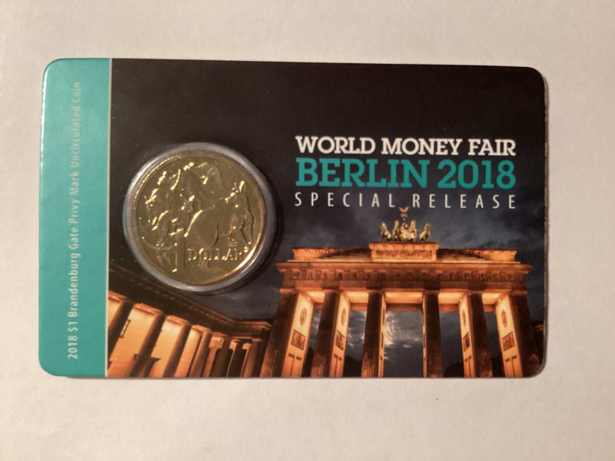 2018 $1 Carded Uncirculated Coin. Brandenburg Gate Privy. World Money Fair Special Release.
