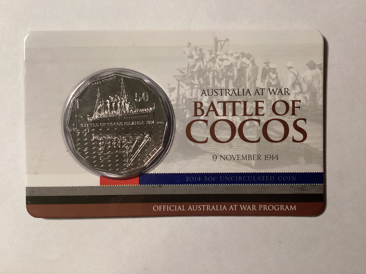 2014 50c Uncirculated Carded Coin. Australia at War. Battle of Cocos.
