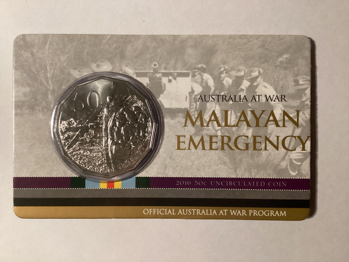2016 50c Uncirculated Carded Coin. Australia at War. Malayan Emergency