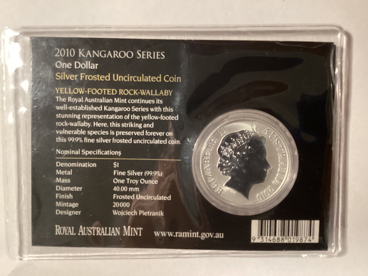 2010 $1 Frosted Uncirculated Silver Coin. Kangaroo Series. Yellow-Footed-Rock-Wallaby.