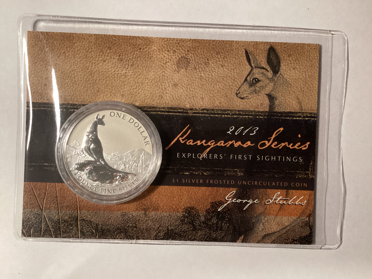 2013 $1 Frosted Uncirculated Silver Coin. Kangaroo Series. Explorers’ First Sightings. George Stubbs.