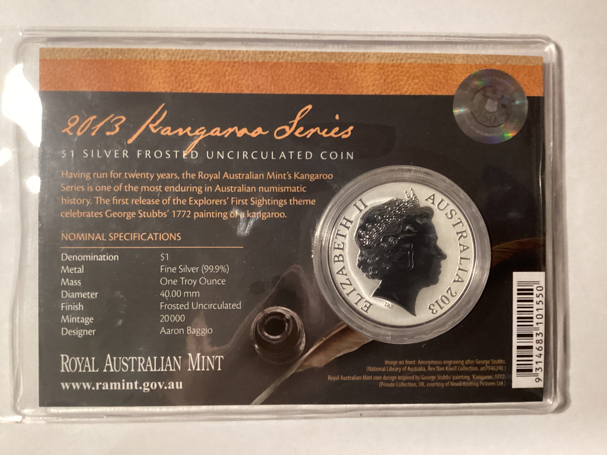 2013 $1 Frosted Uncirculated Silver Coin. Kangaroo Series. Explorers’ First Sightings. George Stubbs.