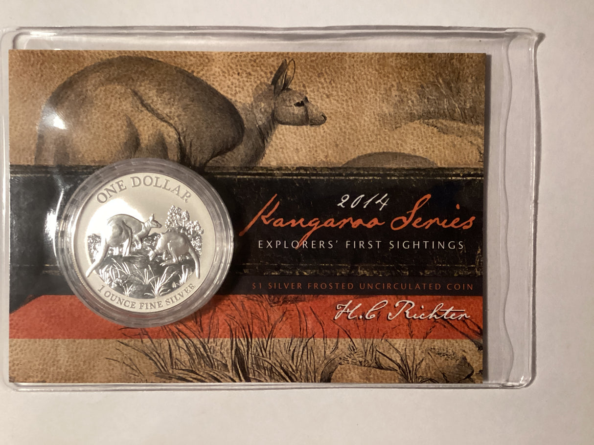 2014 $1 Frosted Uncirculated Silver Coin. Kangaroo Series. Explorers’ First Sightings. H.C. Richter