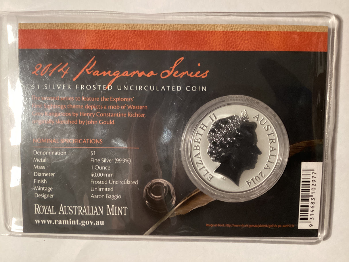 2014 $1 Frosted Uncirculated Silver Coin. Kangaroo Series. Explorers’ First Sightings. H.C. Richter