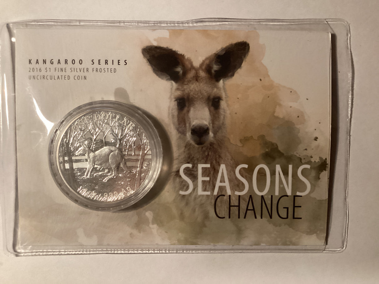 2016 $1 Frosted Uncirculated Silver Coin. Kangaroo Series. Seasons Change.