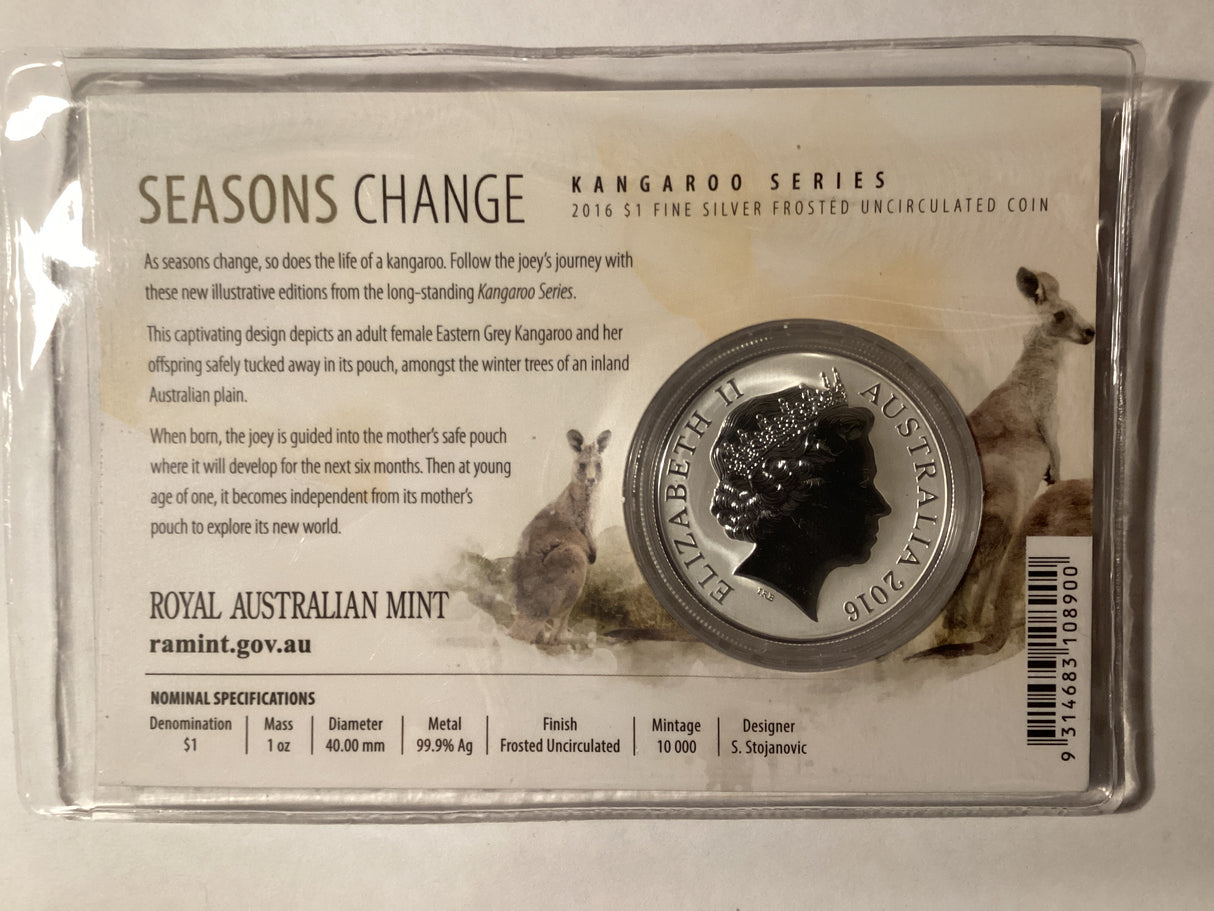 2016 $1 Frosted Uncirculated Silver Coin. Kangaroo Series. Seasons Change.