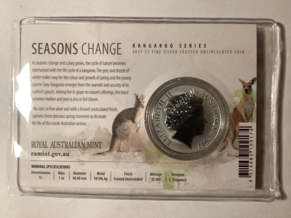 2017 $1 Frosted Uncirculated Silver Coin. Kangaroo Series. Seasons Change.