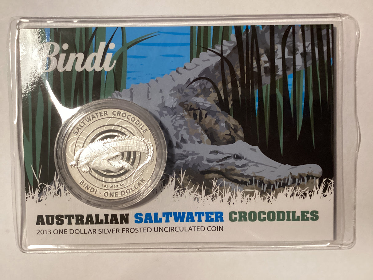 2013 $1 Silver Frosted Uncirculated Coin. Australian Saltwater Crocodiles. Bindi.