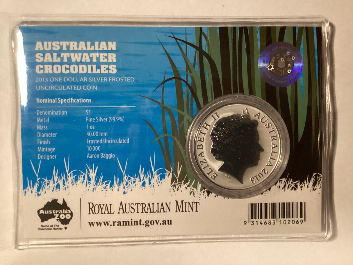 2013 $1 Silver Frosted Uncirculated Coin. Australian Saltwater Crocodiles. Bindi.