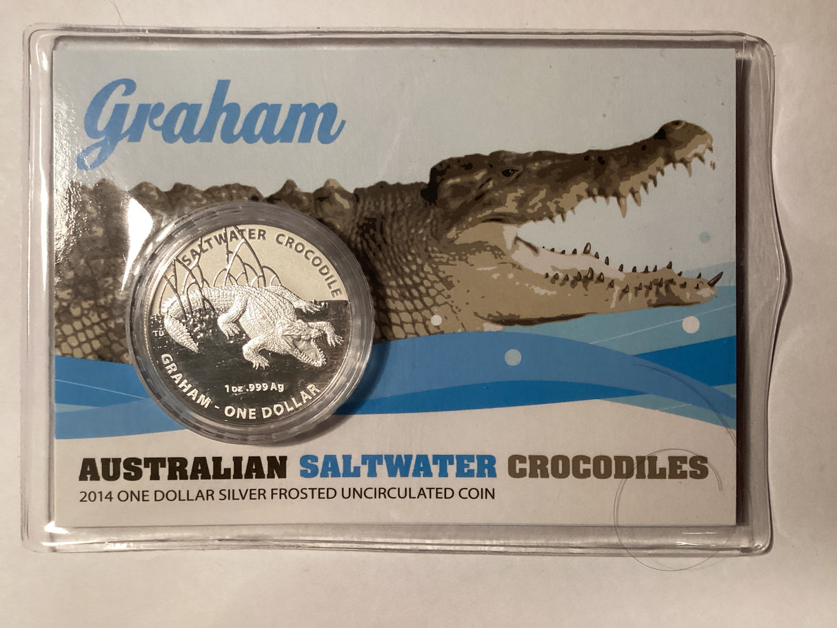 2014 $1 Silver Frosted Uncirculated Coin. Australian Saltwater Crocodiles. Graham