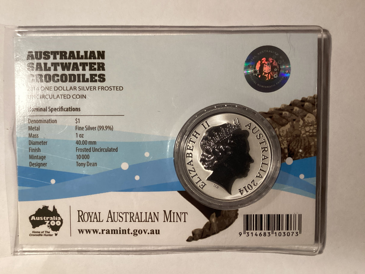 2014 $1 Silver Frosted Uncirculated Coin. Australian Saltwater Crocodiles. Graham