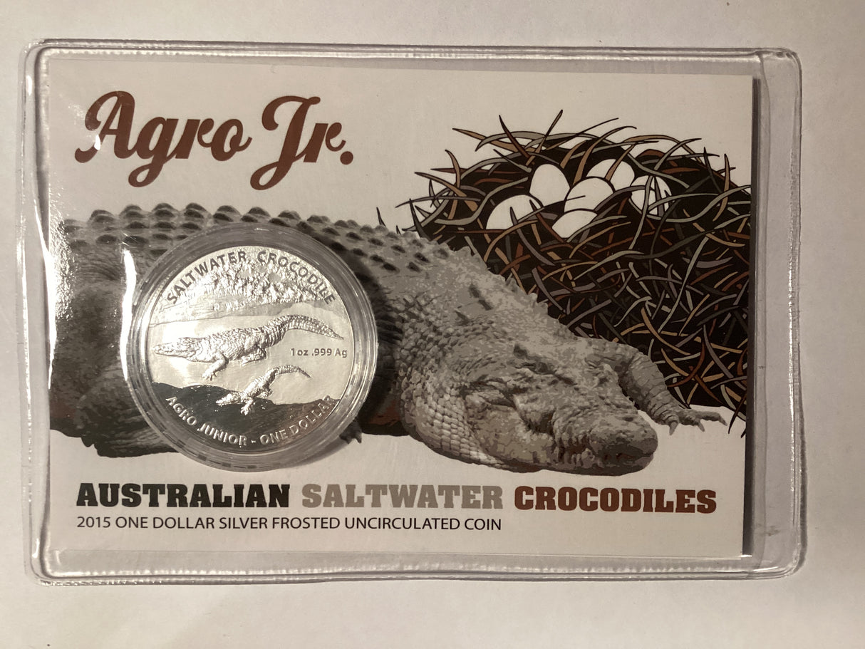 2015 $1 Silver Frosted Uncirculated Coin. Australian Saltwater Crocodiles. Agro Jr.