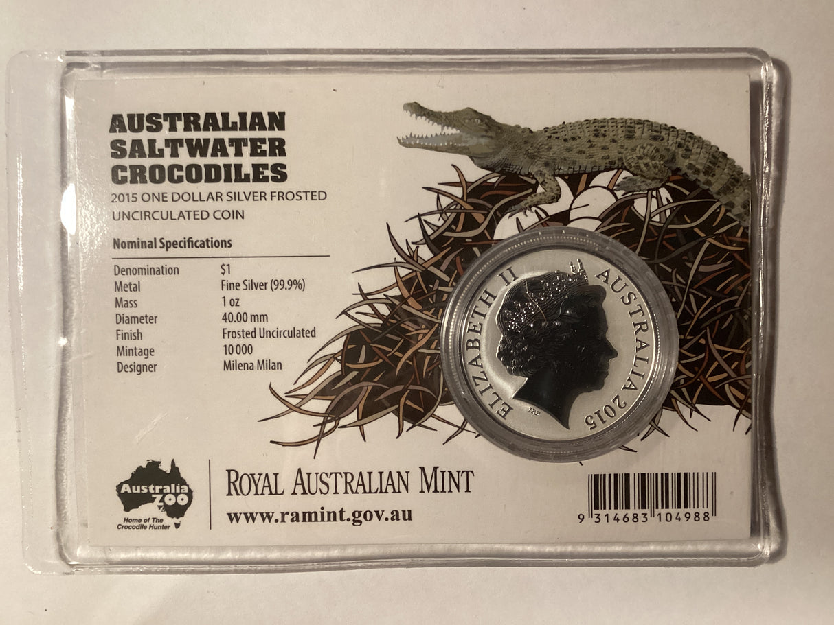 2015 $1 Silver Frosted Uncirculated Coin. Australian Saltwater Crocodiles. Agro Jr.